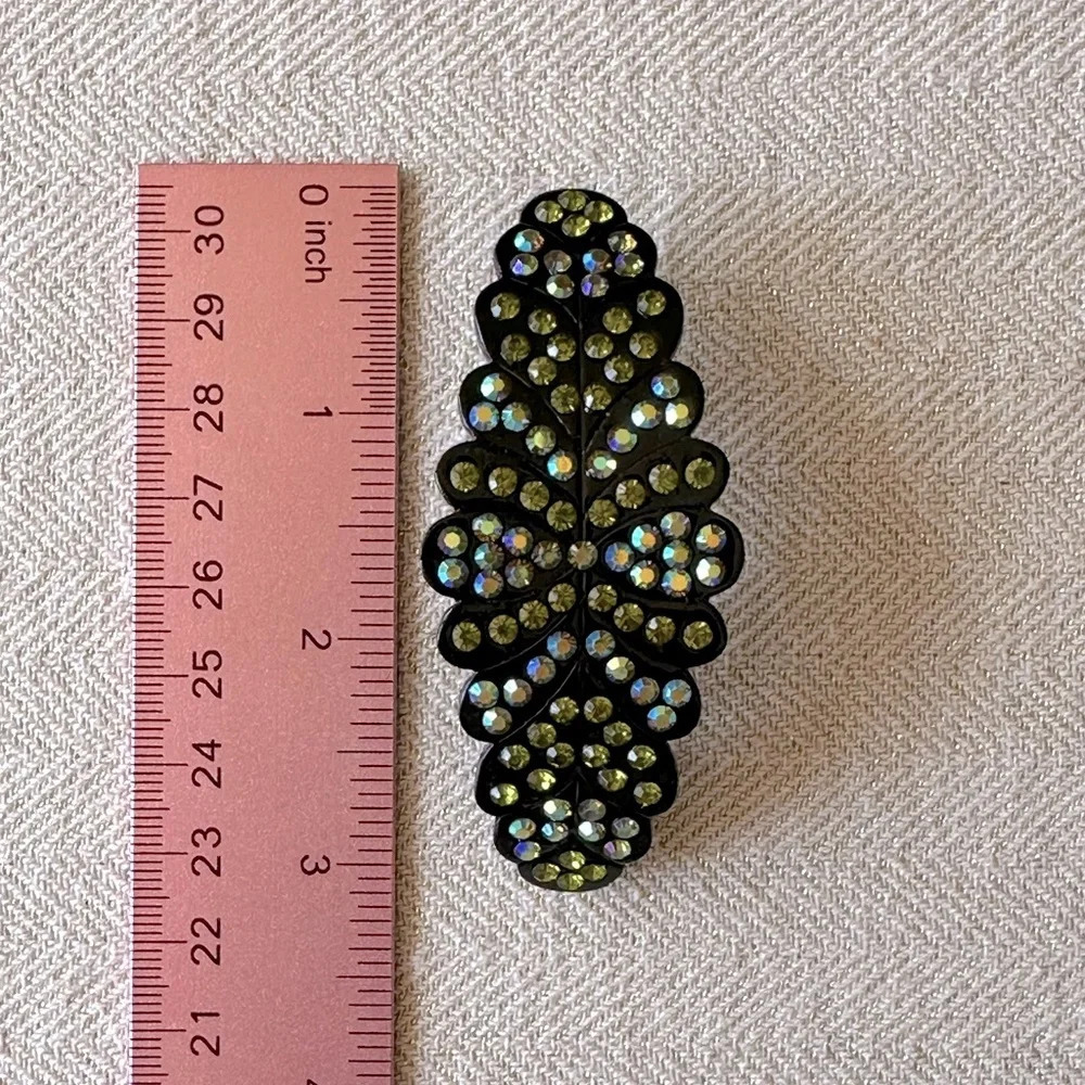 Olive Green Aurora Borealis Crystals set in Black Hematite Hair Barrette - Picture 6 of 7
